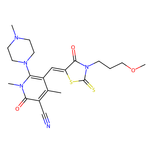 (Z)-5-((3-(3-methoxypropyl)-4-oxo-2-thioxothiazolidin-5-ylidene)methyl)-1,4-dimethyl-6-(4-methylpiperazin-1-yl)-2-oxo-1,2-dihydropyridine-3-carbonitrile structure