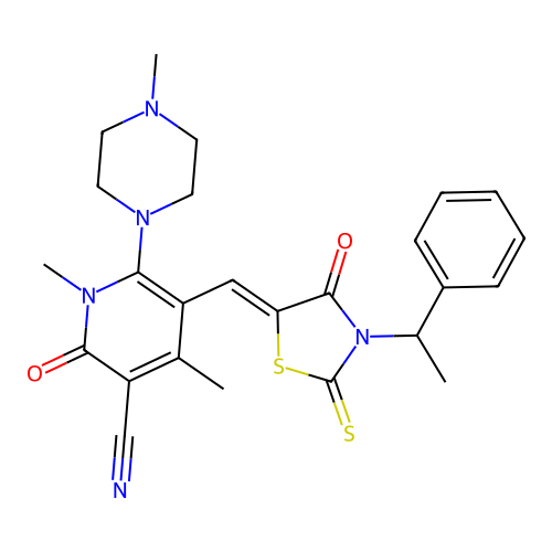 (Z)-1,4-dimethyl-6-(4-methylpiperazin-1-yl)-2-oxo-5-((4-oxo-3-(1-phenylethyl)-2-thioxothiazolidin-5-ylidene)methyl)-1,2-dihydropyridine-3-carbonitrile structure