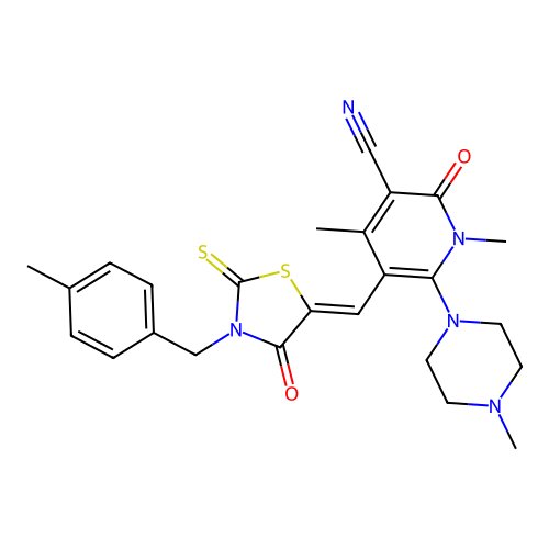 (Z)-1,4-dimethyl-5-((3-(4-methylbenzyl)-4-oxo-2-thioxothiazolidin-5-ylidene)methyl)-6-(4-methylpiperazin-1-yl)-2-oxo-1,2-dihydropyridine-3-carbonitrile structure