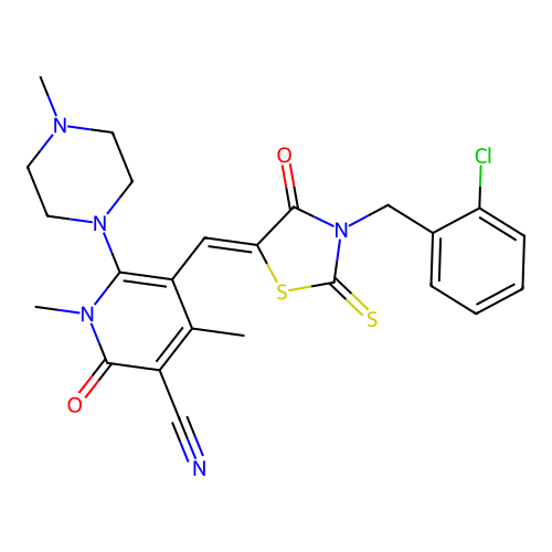 (Z)-5-((3-(2-chlorobenzyl)-4-oxo-2-thioxothiazolidin-5-ylidene)methyl)-1,4-dimethyl-6-(4-methylpiperazin-1-yl)-2-oxo-1,2-dihydropyridine-3-carbonitrile structure
