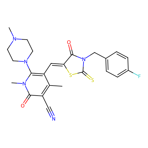 (Z)-5-((3-(4-fluorobenzyl)-4-oxo-2-thioxothiazolidin-5-ylidene)methyl)-1,4-dimethyl-6-(4-methylpiperazin-1-yl)-2-oxo-1,2-dihydropyridine-3-carbonitrile structure