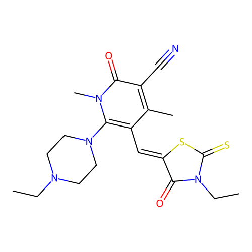 (Z)-5-((3-ethyl-4-oxo-2-thioxothiazolidin-5-ylidene)methyl)-6-(4-ethylpiperazin-1-yl)-1,4-dimethyl-2-oxo-1,2-dihydropyridine-3-carbonitrile structure