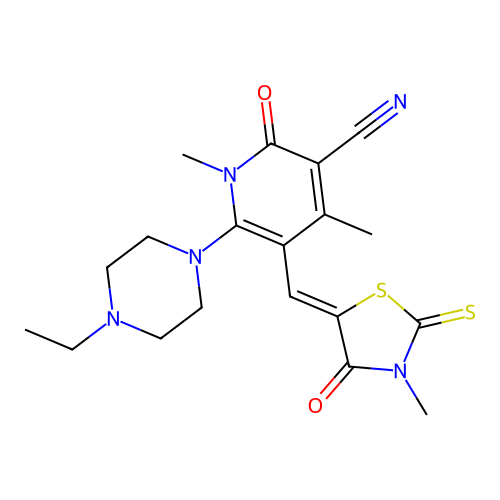 (Z)-6-(4-ethylpiperazin-1-yl)-1,4-dimethyl-5-((3-methyl-4-oxo-2-thioxothiazolidin-5-ylidene)methyl)-2-oxo-1,2-dihydropyridine-3-carbonitrile structure