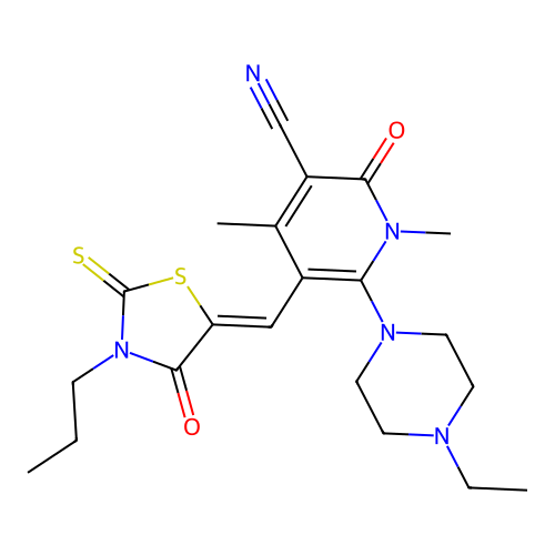 (Z)-6-(4-ethylpiperazin-1-yl)-1,4-dimethyl-2-oxo-5-((4-oxo-3-propyl-2-thioxothiazolidin-5-ylidene)methyl)-1,2-dihydropyridine-3-carbonitrile structure