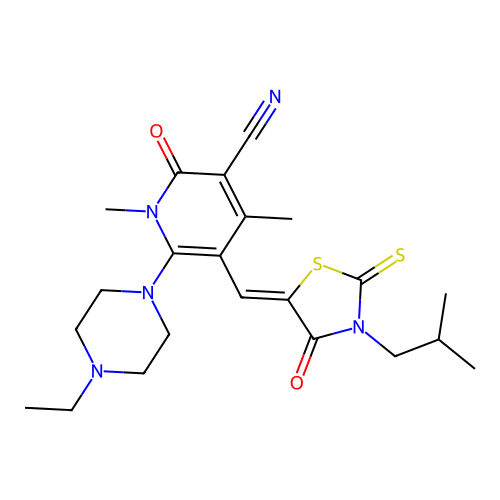 (Z)-6-(4-ethylpiperazin-1-yl)-5-((3-isobutyl-4-oxo-2-thioxothiazolidin-5-ylidene)methyl)-1,4-dimethyl-2-oxo-1,2-dihydropyridine-3-carbonitrile structure