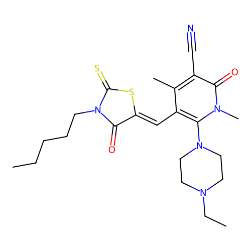 (Z)-6-(4-ethylpiperazin-1-yl)-1,4-dimethyl-2-oxo-5-((4-oxo-3-pentyl-2-thioxothiazolidin-5-ylidene)methyl)-1,2-dihydropyridine-3-carbonitrile structure