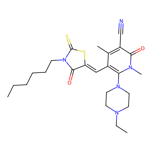 (Z)-6-(4-ethylpiperazin-1-yl)-5-((3-hexyl-4-oxo-2-thioxothiazolidin-5-ylidene)methyl)-1,4-dimethyl-2-oxo-1,2-dihydropyridine-3-carbonitrile structure
