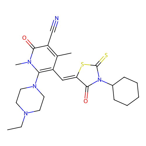 (Z)-5-((3-cyclohexyl-4-oxo-2-thioxothiazolidin-5-ylidene)methyl)-6-(4-ethylpiperazin-1-yl)-1,4-dimethyl-2-oxo-1,2-dihydropyridine-3-carbonitrile structure