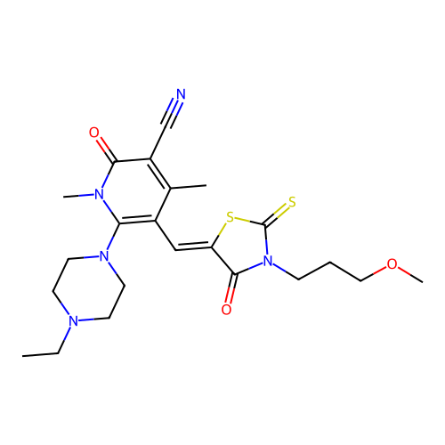 (Z)-6-(4-ethylpiperazin-1-yl)-5-((3-(3-methoxypropyl)-4-oxo-2-thioxothiazolidin-5-ylidene)methyl)-1,4-dimethyl-2-oxo-1,2-dihydropyridine-3-carbonitrile structure