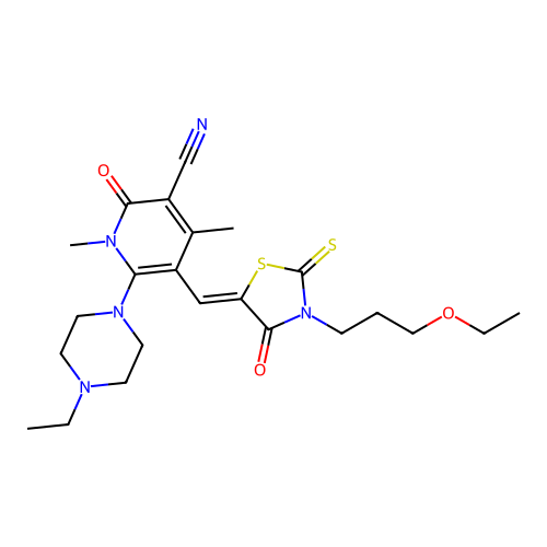 (Z)-5-((3-(3-ethoxypropyl)-4-oxo-2-thioxothiazolidin-5-ylidene)methyl)-6-(4-ethylpiperazin-1-yl)-1,4-dimethyl-2-oxo-1,2-dihydropyridine-3-carbonitrile structure
