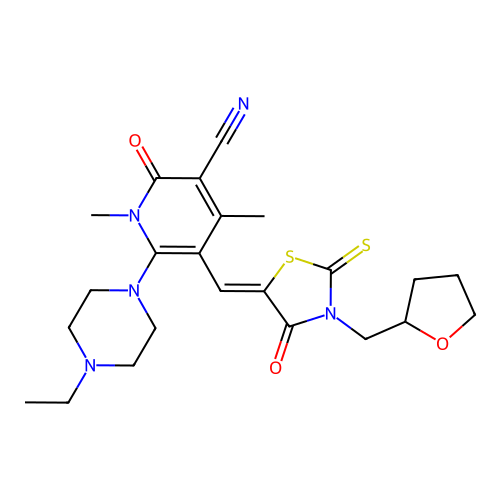 (Z)-6-(4-ethylpiperazin-1-yl)-1,4-dimethyl-2-oxo-5-((4-oxo-3-((tetrahydrofuran-2-yl)methyl)-2-thioxothiazolidin-5-ylidene)methyl)-1,2-dihydropyridine-3-carbonitrile structure