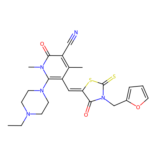 (Z)-6-(4-ethylpiperazin-1-yl)-5-((3-(furan-2-ylmethyl)-4-oxo-2-thioxothiazolidin-5-ylidene)methyl)-1,4-dimethyl-2-oxo-1,2-dihydropyridine-3-carbonitrile structure
