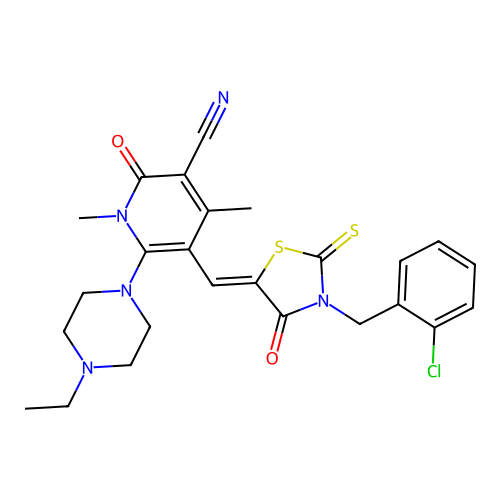 (Z)-5-((3-(2-chlorobenzyl)-4-oxo-2-thioxothiazolidin-5-ylidene)methyl)-6-(4-ethylpiperazin-1-yl)-1,4-dimethyl-2-oxo-1,2-dihydropyridine-3-carbonitrile structure