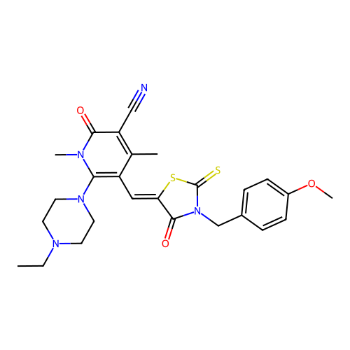 (Z)-6-(4-ethylpiperazin-1-yl)-5-((3-(4-methoxybenzyl)-4-oxo-2-thioxothiazolidin-5-ylidene)methyl)-1,4-dimethyl-2-oxo-1,2-dihydropyridine-3-carbonitrile structure