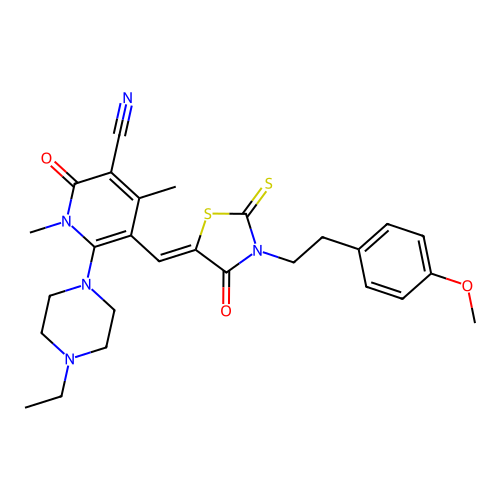 (Z)-6-(4-ethylpiperazin-1-yl)-5-((3-(4-methoxyphenethyl)-4-oxo-2-thioxothiazolidin-5-ylidene)methyl)-1,4-dimethyl-2-oxo-1,2-dihydropyridine-3-carbonitrile structure