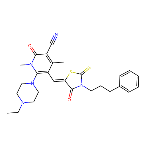 (Z)-6-(4-ethylpiperazin-1-yl)-1,4-dimethyl-2-oxo-5-((4-oxo-3-(3-phenylpropyl)-2-thioxothiazolidin-5-ylidene)methyl)-1,2-dihydropyridine-3-carbonitrile structure
