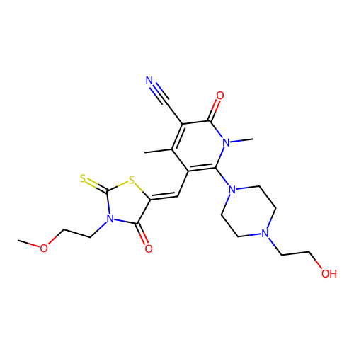 (Z)-6-(4-(2-hydroxyethyl)piperazin-1-yl)-5-((3-(2-methoxyethyl)-4-oxo-2-thioxothiazolidin-5-ylidene)methyl)-1,4-dimethyl-2-oxo-1,2-dihydropyridine-3-carbonitrile structure