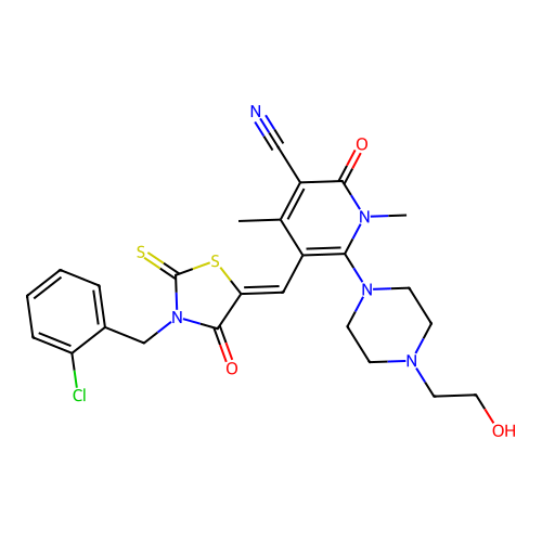 (Z)-5-((3-(2-chlorobenzyl)-4-oxo-2-thioxothiazolidin-5-ylidene)methyl)-6-(4-(2-hydroxyethyl)piperazin-1-yl)-1,4-dimethyl-2-oxo-1,2-dihydropyridine-3-carbonitrile structure