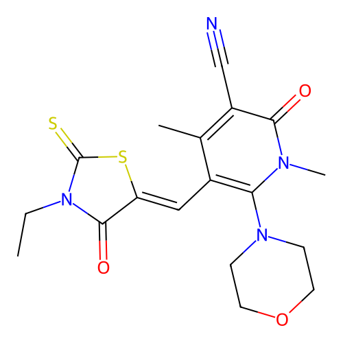 (Z)-5-((3-ethyl-4-oxo-2-thioxothiazolidin-5-ylidene)methyl)-1,4-dimethyl-6-morpholino-2-oxo-1,2-dihydropyridine-3-carbonitrile structure