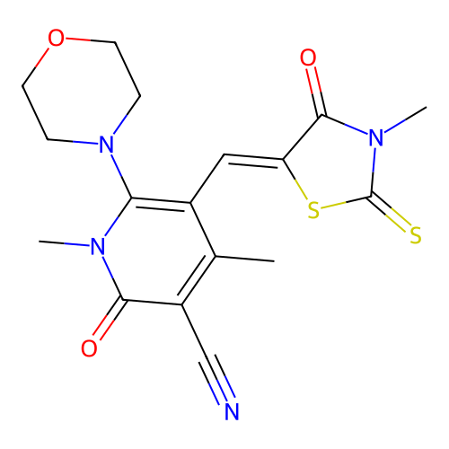 (Z)-1,4-dimethyl-5-((3-methyl-4-oxo-2-thioxothiazolidin-5-ylidene)methyl)-6-morpholino-2-oxo-1,2-dihydropyridine-3-carbonitrile structure