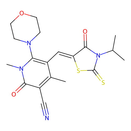 (Z)-5-((3-isopropyl-4-oxo-2-thioxothiazolidin-5-ylidene)methyl)-1,4-dimethyl-6-morpholino-2-oxo-1,2-dihydropyridine-3-carbonitrile structure