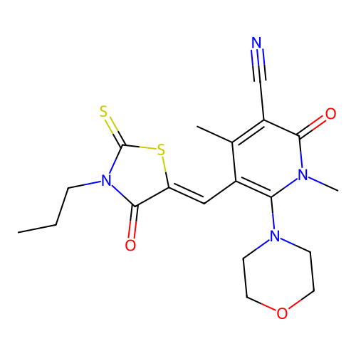 (Z)-1,4-dimethyl-6-morpholino-2-oxo-5-((4-oxo-3-propyl-2-thioxothiazolidin-5-ylidene)methyl)-1,2-dihydropyridine-3-carbonitrile structure