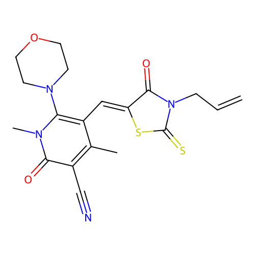 (Z)-5-((3-allyl-4-oxo-2-thioxothiazolidin-5-ylidene)methyl)-1,4-dimethyl-6-morpholino-2-oxo-1,2-dihydropyridine-3-carbonitrile structure