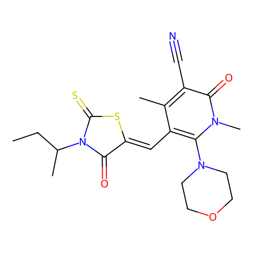 (Z)-5-((3-(sec-butyl)-4-oxo-2-thioxothiazolidin-5-ylidene)methyl)-1,4-dimethyl-6-morpholino-2-oxo-1,2-dihydropyridine-3-carbonitrile structure