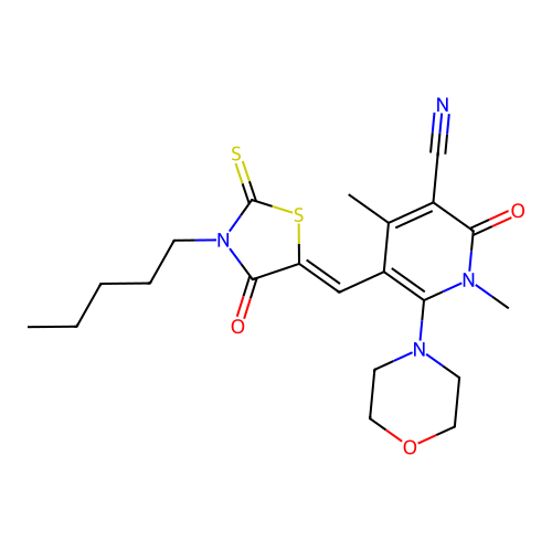 (Z)-1,4-dimethyl-6-morpholino-2-oxo-5-((4-oxo-3-pentyl-2-thioxothiazolidin-5-ylidene)methyl)-1,2-dihydropyridine-3-carbonitrile structure
