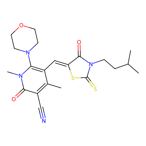 (Z)-5-((3-isopentyl-4-oxo-2-thioxothiazolidin-5-ylidene)methyl)-1,4-dimethyl-6-morpholino-2-oxo-1,2-dihydropyridine-3-carbonitrile structure