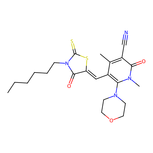 (Z)-5-((3-hexyl-4-oxo-2-thioxothiazolidin-5-ylidene)methyl)-1,4-dimethyl-6-morpholino-2-oxo-1,2-dihydropyridine-3-carbonitrile structure