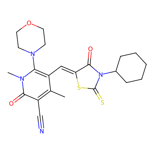 (Z)-5-((3-cyclohexyl-4-oxo-2-thioxothiazolidin-5-ylidene)methyl)-1,4-dimethyl-6-morpholino-2-oxo-1,2-dihydropyridine-3-carbonitrile structure