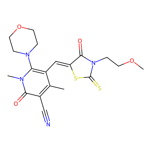 (Z)-5-((3-(2-methoxyethyl)-4-oxo-2-thioxothiazolidin-5-ylidene)methyl)-1,4-dimethyl-6-morpholino-2-oxo-1,2-dihydropyridine-3-carbonitrile structure