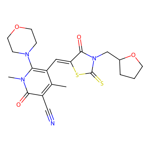 (Z)-1,4-dimethyl-6-morpholino-2-oxo-5-((4-oxo-3-((tetrahydrofuran-2-yl)methyl)-2-thioxothiazolidin-5-ylidene)methyl)-1,2-dihydropyridine-3-carbonitrile structure