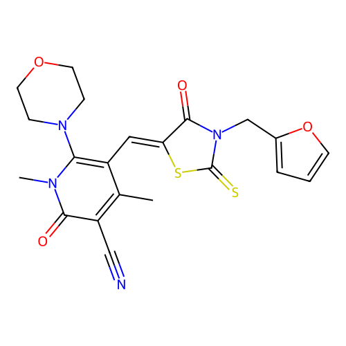 (Z)-5-((3-(furan-2-ylmethyl)-4-oxo-2-thioxothiazolidin-5-ylidene)methyl)-1,4-dimethyl-6-morpholino-2-oxo-1,2-dihydropyridine-3-carbonitrile structure