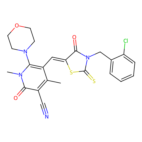 (Z)-5-((3-(2-chlorobenzyl)-4-oxo-2-thioxothiazolidin-5-ylidene)methyl)-1,4-dimethyl-6-morpholino-2-oxo-1,2-dihydropyridine-3-carbonitrile structure