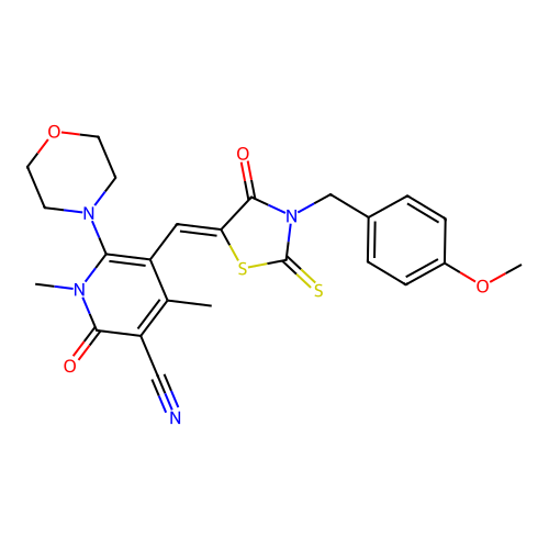 (Z)-5-((3-(4-methoxybenzyl)-4-oxo-2-thioxothiazolidin-5-ylidene)methyl)-1,4-dimethyl-6-morpholino-2-oxo-1,2-dihydropyridine-3-carbonitrile structure