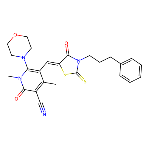 (Z)-1,4-dimethyl-6-morpholino-2-oxo-5-((4-oxo-3-(3-phenylpropyl)-2-thioxothiazolidin-5-ylidene)methyl)-1,2-dihydropyridine-3-carbonitrile structure