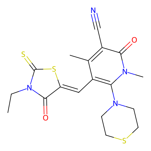 (Z)-5-((3-ethyl-4-oxo-2-thioxothiazolidin-5-ylidene)methyl)-1,4-dimethyl-2-oxo-6-thiomorpholino-1,2-dihydropyridine-3-carbonitrile structure