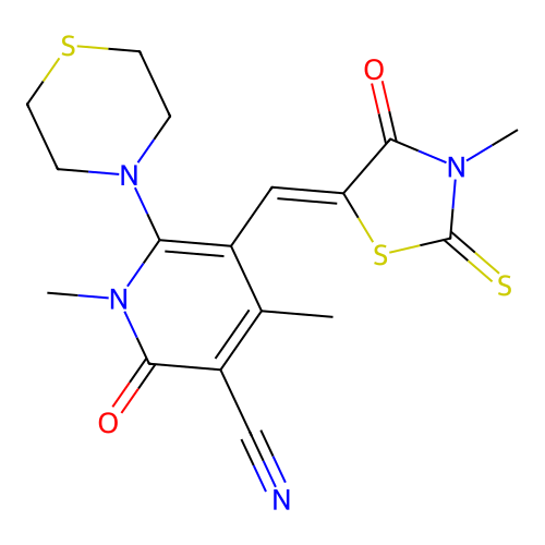 (Z)-1,4-dimethyl-5-((3-methyl-4-oxo-2-thioxothiazolidin-5-ylidene)methyl)-2-oxo-6-thiomorpholino-1,2-dihydropyridine-3-carbonitrile structure