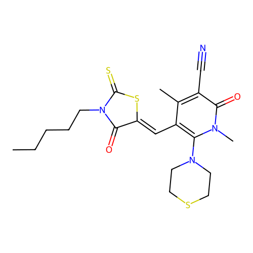 (Z)-1,4-dimethyl-2-oxo-5-((4-oxo-3-pentyl-2-thioxothiazolidin-5-ylidene)methyl)-6-thiomorpholino-1,2-dihydropyridine-3-carbonitrile structure