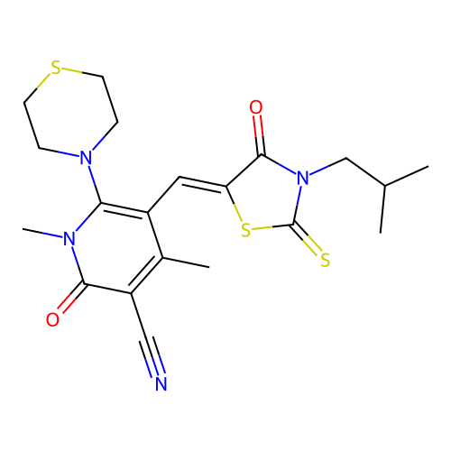 (Z)-5-((3-isobutyl-4-oxo-2-thioxothiazolidin-5-ylidene)methyl)-1,4-dimethyl-2-oxo-6-thiomorpholino-1,2-dihydropyridine-3-carbonitrile structure