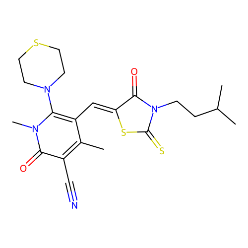 (Z)-5-((3-isopentyl-4-oxo-2-thioxothiazolidin-5-ylidene)methyl)-1,4-dimethyl-2-oxo-6-thiomorpholino-1,2-dihydropyridine-3-carbonitrile structure