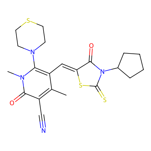 (Z)-5-((3-cyclopentyl-4-oxo-2-thioxothiazolidin-5-ylidene)methyl)-1,4-dimethyl-2-oxo-6-thiomorpholino-1,2-dihydropyridine-3-carbonitrile structure