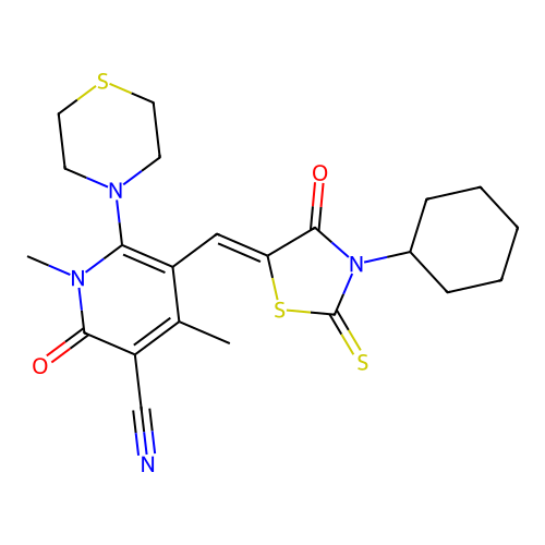 (Z)-5-((3-cyclohexyl-4-oxo-2-thioxothiazolidin-5-ylidene)methyl)-1,4-dimethyl-2-oxo-6-thiomorpholino-1,2-dihydropyridine-3-carbonitrile structure