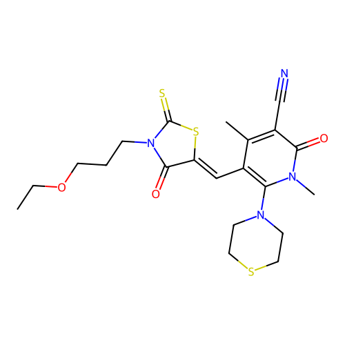 (Z)-5-((3-(3-ethoxypropyl)-4-oxo-2-thioxothiazolidin-5-ylidene)methyl)-1,4-dimethyl-2-oxo-6-thiomorpholino-1,2-dihydropyridine-3-carbonitrile structure