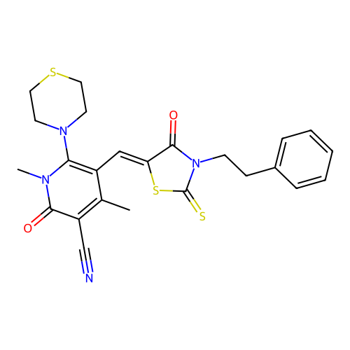 (Z)-1,4-dimethyl-2-oxo-5-((4-oxo-3-phenethyl-2-thioxothiazolidin-5-ylidene)methyl)-6-thiomorpholino-1,2-dihydropyridine-3-carbonitrile structure