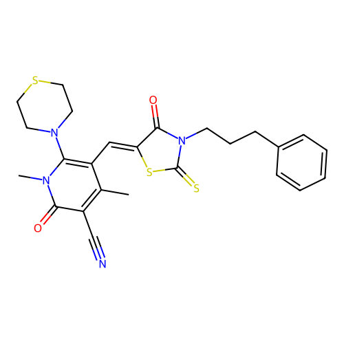 (Z)-1,4-dimethyl-2-oxo-5-((4-oxo-3-(3-phenylpropyl)-2-thioxothiazolidin-5-ylidene)methyl)-6-thiomorpholino-1,2-dihydropyridine-3-carbonitrile structure