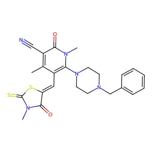(Z)-6-(4-benzylpiperazin-1-yl)-1,4-dimethyl-5-((3-methyl-4-oxo-2-thioxothiazolidin-5-ylidene)methyl)-2-oxo-1,2-dihydropyridine-3-carbonitrile structure