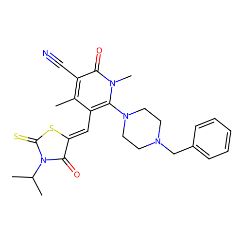 (Z)-6-(4-benzylpiperazin-1-yl)-5-((3-isopropyl-4-oxo-2-thioxothiazolidin-5-ylidene)methyl)-1,4-dimethyl-2-oxo-1,2-dihydropyridine-3-carbonitrile structure